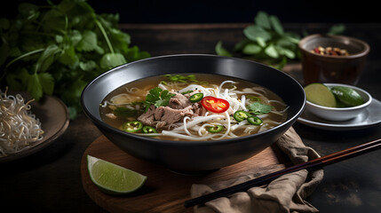 side view of Traditional Vietnamese beef soup pho fill in the bowl garnish with onion and green leaves and red chilli topping in white bowl with aesthetic background