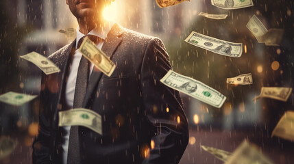 Successful and ecstatic businessman stands tall, embracing a cascade of money raining down from above