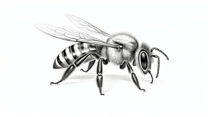 Detailed Vector Engraving Illustration of a Honey Bee on White Background - Perfect for Nature and Wildlife Concepts, Insect Pollination, and Vintage Design.