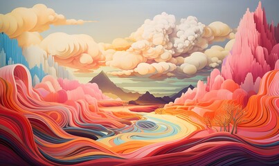 Fototapeta premium A colorful cloud with wavy lines on it, in the style of surreal 3d landscapes, textural explorations. Generative Ai
