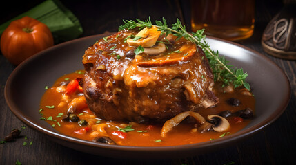 Osso Buco alla milanese, italian cuisine, grilled fresh crosscut  making Osso Buco on meat, garnish with carrot and coriander in white plate, Closeup on aesthetic background
