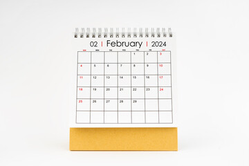 2024 February monthly desk calendar isolated on white.