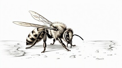 Detailed Vector Engraving Illustration of a Honey Bee on White Background - Perfect for Nature and Wildlife Concepts, Insect Pollination, and Vintage Design. - obrazy, fototapety, plakaty