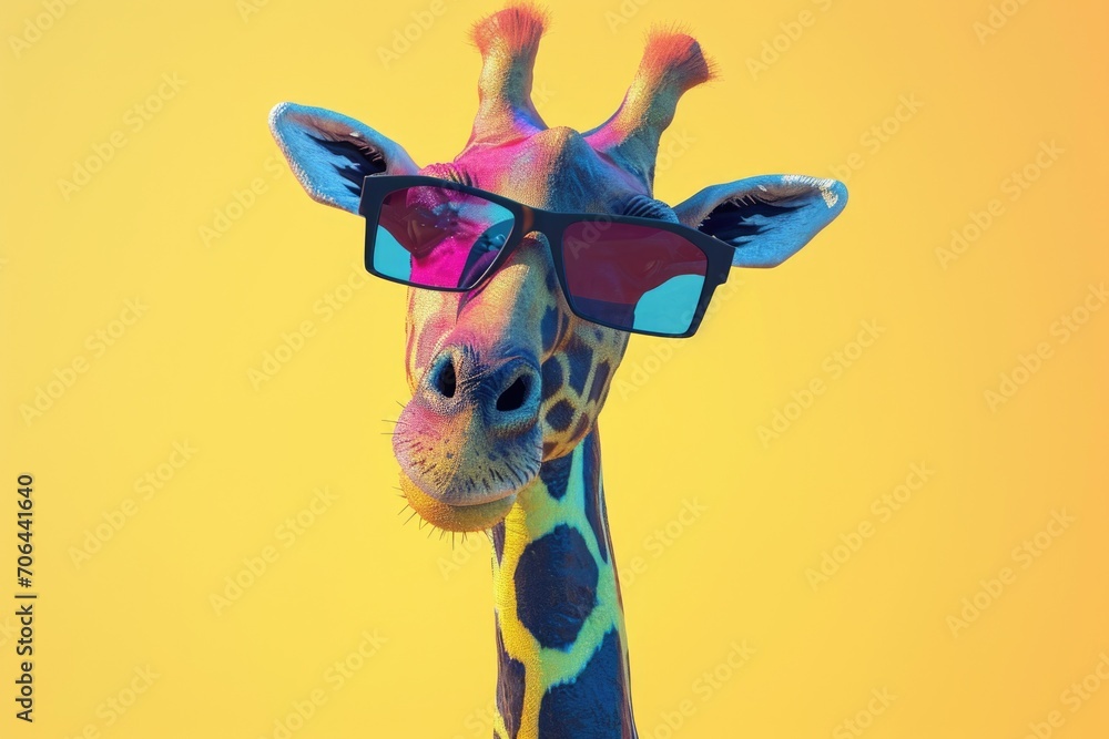 Aufkleber Close up of a giraffe wearing sunglasses. Perfect for adding a touch of fun and style to any project