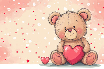 Cartoon Teddy Bear with heart on a dots background