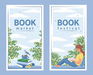 Book festival. Book market. Woman reading book and sitting at the spring window. Designs for bookstore, library, bookshop or education. Vector illustration
