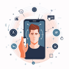 Facial recognition smart phone concept. Man character