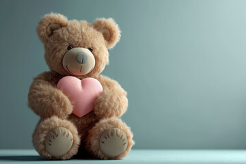 Fototapeta premium Happy valentine teddy bear holding pink hearts, anniversary, romantic gift