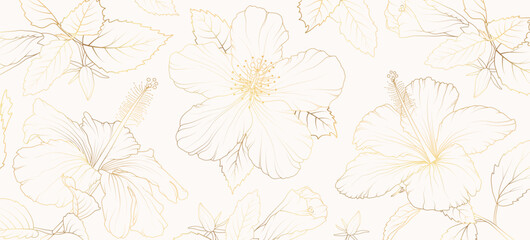 Floral gold line art background. Hibiskus flower golden background for wedding, backdrop, wallpaper, banner, card, cover, texture. Vector illustration. - 706441820