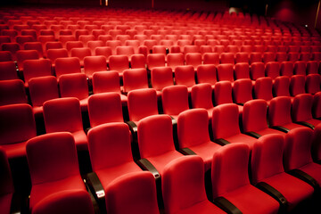 Naklejka premium Empty cinema hall with red seats. Movie theatre. Neural network AI generated art