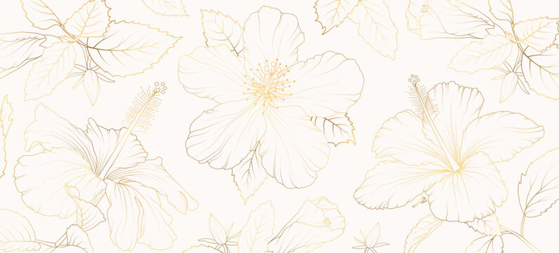 Floral gold line art background. Hibiskus flower golden background for wedding, backdrop, wallpaper, banner, card, cover, texture. Vector illustration.
