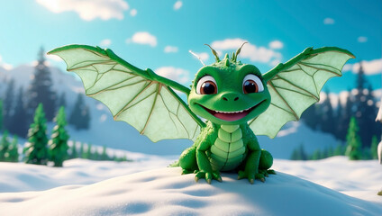 Cute cartoon baby dragon on winter background