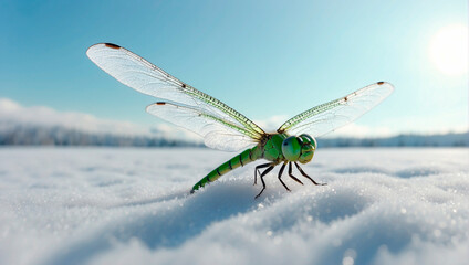 Close up of green dragonfly on winter background