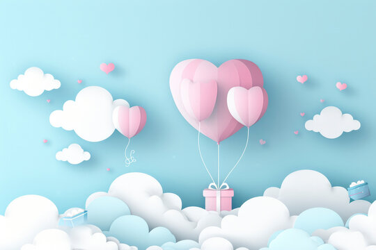 love and valentine day with heart baloon, gift and clouds. Paper cut style.