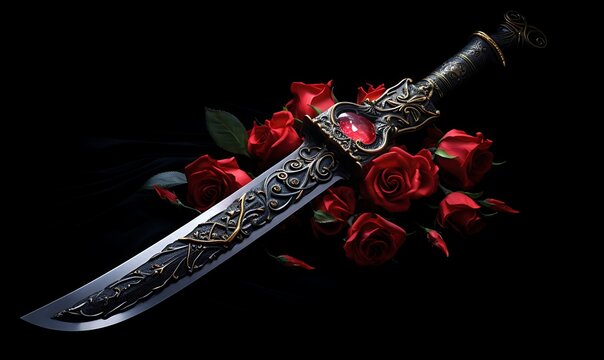A dagger covered in red roses on a black background. Generative Ai