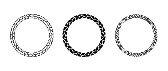 Ropes frame set. Round cord border collection. Circle rope wreath loop pack. Chain, braid, plait borders bundle. Circular design elements for decoration, banner, poster. Vector decorative frames