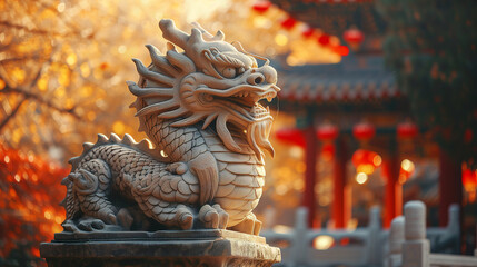 Obraz premium Dragon statue, dragon symbol, dragon Chinese, is a beautiful Thai and Chinese architecture of shrine, temple. A symbol of good luck and prosperity during the Chinese New Year celebrations.