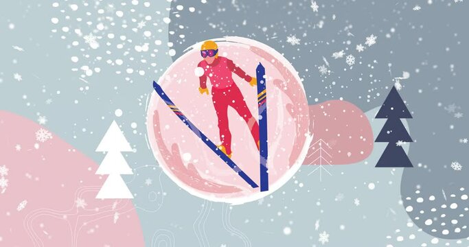 Animation of snow falling over ski jumper and christmas winter scenery