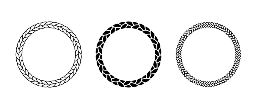 Ropes frame set. Round cord border collection. Circle rope wreath loop pack. Chain, braid, plait borders bundle. Circular design elements for decoration, banner, poster. Vector decorative frames