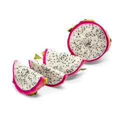Fresh and natural dragon fruit pitahaya or dragon fruit cut into pieces to eat, with transparent background and shade