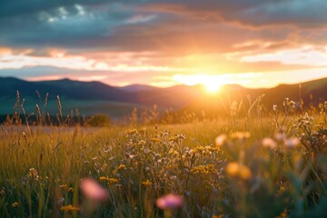 Beautiful sunset over a field of wildflowers. Perfect for nature and landscape backgrounds