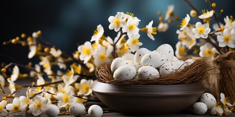 Obraz na płótnie Canvas Easter holiday celebration banner greeting card banner - White yellow easter eggs in a bird nest basket and yellow daffodils flowers
