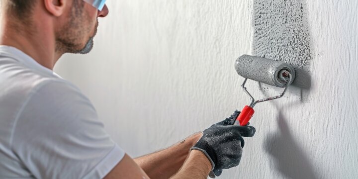 A man is using a paint roller to paint a wall. This image can be used to depict home improvement, renovation, or DIY projects