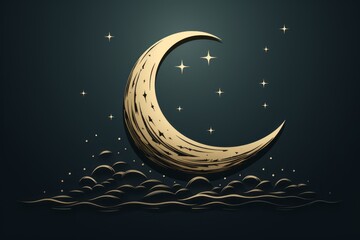 a golden crescent moon with stars on a dark background