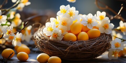 Easter holiday celebration banner greeting card banner - White yellow easter eggs in a bird nest basket and yellow daffodils flowers
