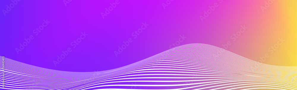 Poster abstract white wave lines on yellow purple gradient background. wide banner with curve liquid stripe