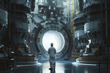 Nuclear engineer in the reactor hall at a nuclear power plant - obrazy, fototapety, plakaty