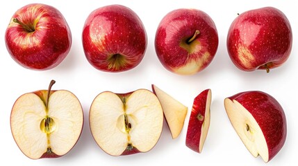 A group of apples cut in half, arranged neatly on a white surface. Ideal for food photography or healthy eating concepts