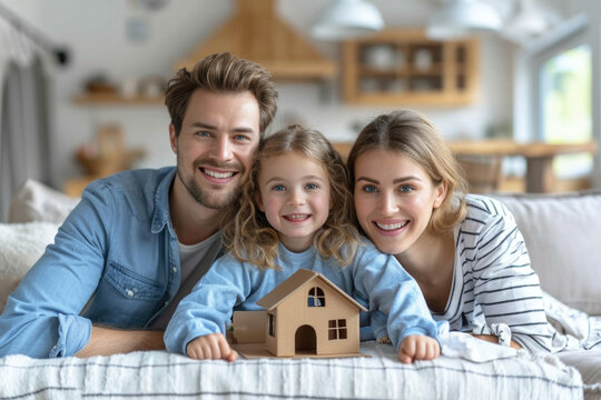 Happy Family Posing With a Wooden House Model in a Cozy Living Room Setting. Generative AI.