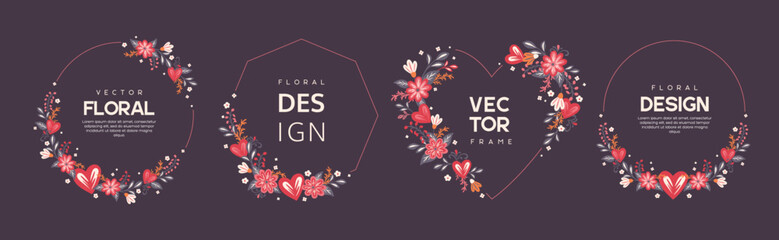 Floral frames with flowers and hearts. Vector frames, borders for Valentines Day, Mothers Day or seasonal cards. Hand drawn doodle style.