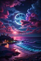 moon over the sea with pinkish purple clouds drreamy illustration