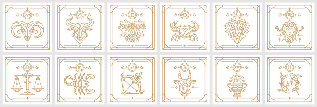 collection of Zodiac astrology horoscope signs linear design vector illustrations set. Elegant line art symbols and icons of esoteric zodiacal horoscope templates for logo or poster