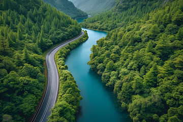 Aerial view of road with green woods by blue lakes water, beautiful view - Powered by Adobe