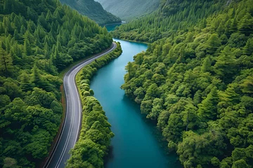 Foto op Canvas Aerial view of road with green woods by blue lakes water, beautiful view © Iryna