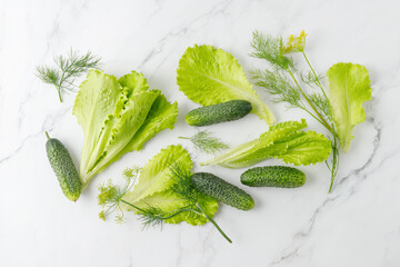 Fresh summer harvesting green small cucumbers, lettuce salad leaves and dill branches on white...