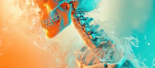 skeleton, part of the cervical vertebrae symbolizing health problems in the neck area - obrazy, fototapety, plakaty