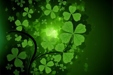 St. Patrick s Day abstract green background decorated with shamrock leaves, folk art
