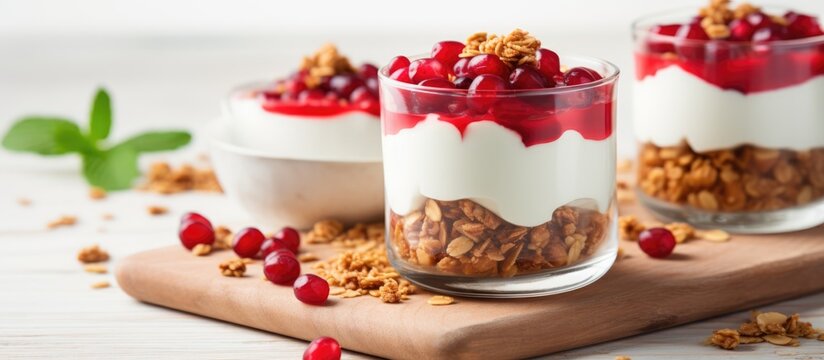 Healthful breakfast option: Homemade yogurt with granola and pomegranate, served in glasses on a white wooden table.