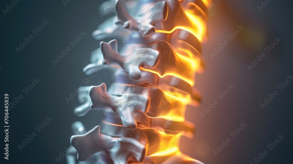 Poster a detailed close-up view of a human spine with certain parts glowing. this image can be used to illu