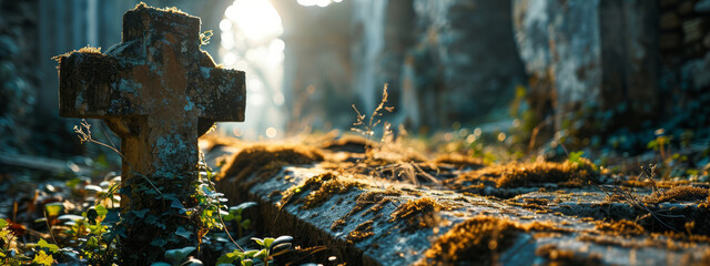 Cross on an old grave at forgotten cemetery 