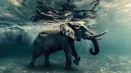 majestic elephant under water. The graceful movements of a giant mammal in a surreal aquatic environment. - obrazy, fototapety, plakaty
