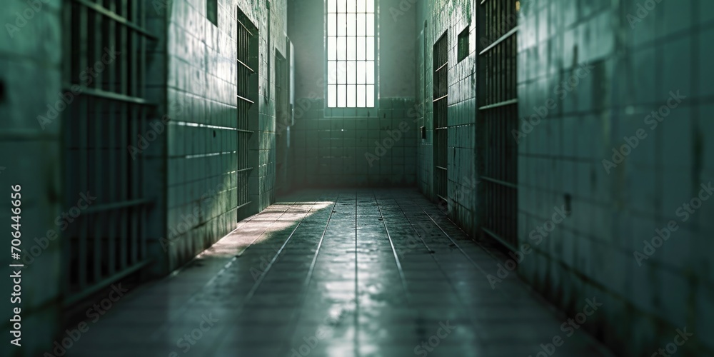 Poster An empty prison cell block with an open door. Can be used to depict the concept of freedom or the aftermath of a prison escape