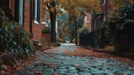 A picture of a street covered in fallen leaves with buildings in the background. Perfect for autumn-themed projects and cityscape designs