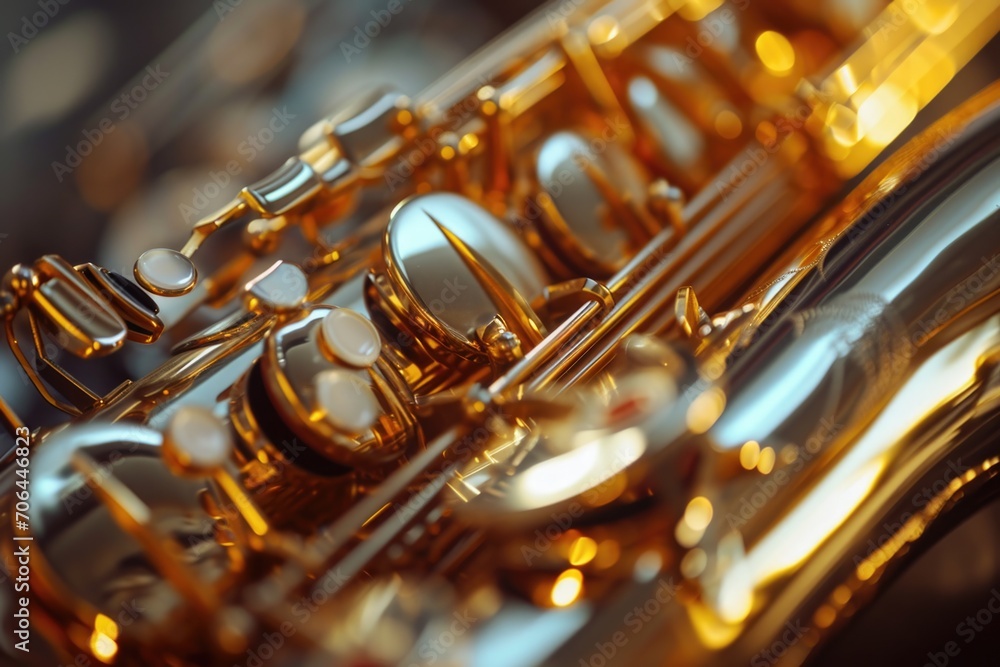 Poster A close up view of a shiny saxophone. Perfect for music-related designs and publications