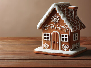 Christmas gingerbread house on wooden table and plain background