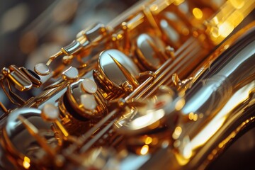 A close up view of a shiny saxophone. Perfect for music-related designs and publications